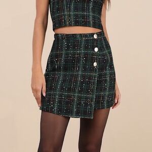 LULUS Adorably Posh Dark Green Multi Plaid Tweed Faux-Wrap Mini Skirt Sequin XS